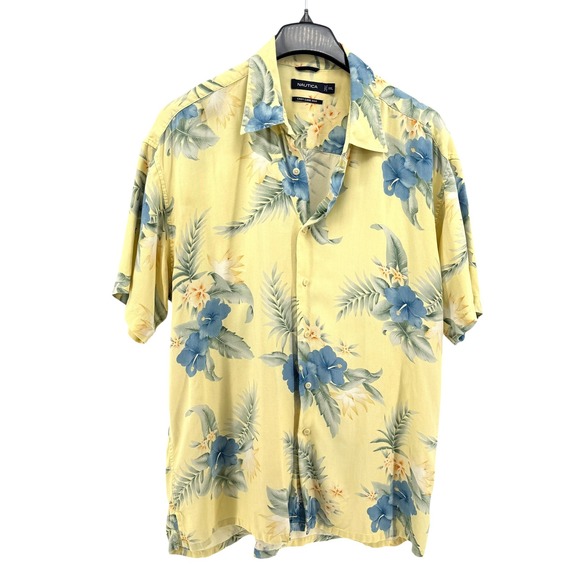 Nautica Mens XXL Pre-Owned Yellow Hawaiian Tropical Floral 100% Silk SS Shirt - Picture 2 of 11